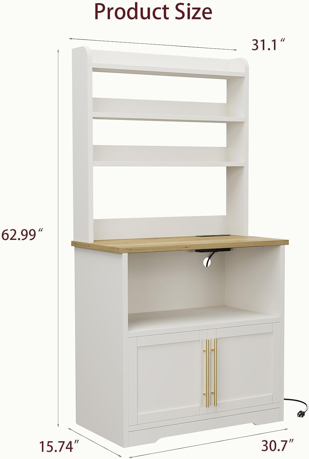 Tall Large Storage Cabinet Kitchen Microwave Stand with Storage, 4-Tier Bakers Rack with Power Outlet, Cupboard, Floor Cabinet for Living Room, Rustic White,