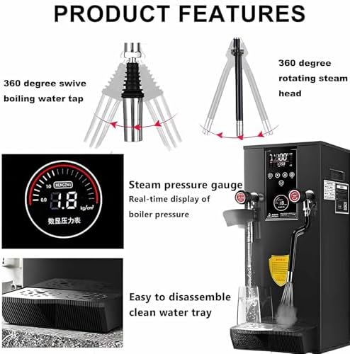 12L Commercial Electric Milk Frother 2500W Steam Milk Foam Maker with Led Display, Multi-Purpose Hot Water Dispenser for Espresso, Coffee, Milk Tea - White-Black,Grey,Grey