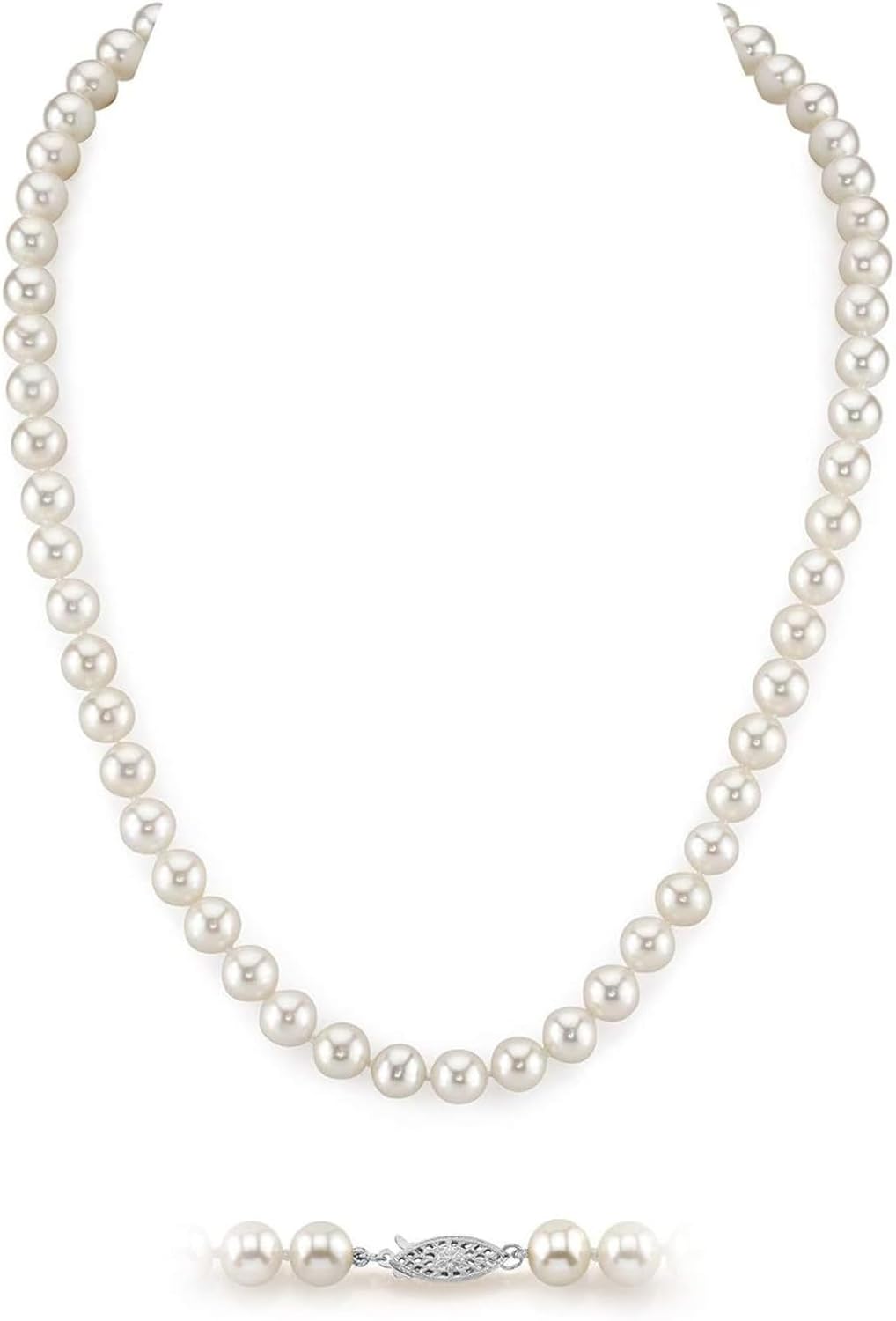 The Pearl Source Real Freshwater Pearl Necklace for Women, Round White Genuine Cultured Freshwater Pearls, Classic Single Strand Pearl Necklace, Sterling Silver Fishhook Clasp