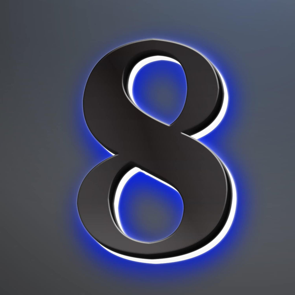 House numbers light up, Stainless Steel Lighted House Numbers For Outside, Up-Scale Modern Black Look, Illuminated House Numbers, Blue Light.