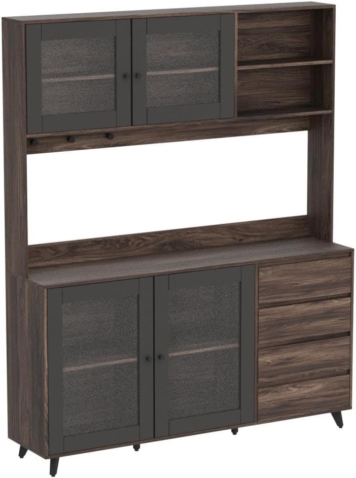 AGOTENI Large Kitchen Hutch Cabinet, Storage Cupboard Pantry with 4 Glass Doors, 4 Drawers & Microwave Shelf, for Kitchen Open Storage, Rustic Brown (63' W x 15.7' D x 74.8' H)