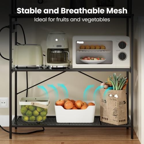 Multi-Functional 5-Tier Bakers Rack with Electrical Outlets & Microwave Stand, Kitchen Storage Shelf, Coffee Bar Station, Counter Space Organizer Kitchen Organizer Shelf for Dorm (Black)
