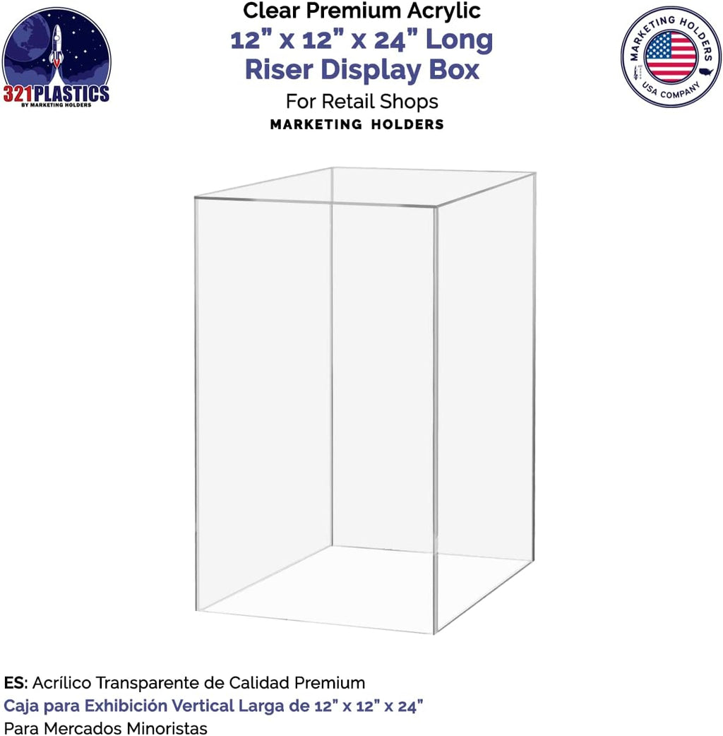 Tall Display Box Clear Acrylic 12' x 12' x 24' No Lid Hollow Pedestal 5 Sided Vertical Rectanugular Display for Flowers Dust Cover Bin Collectible Elevation Multi Use Showcase by Marketing Holders