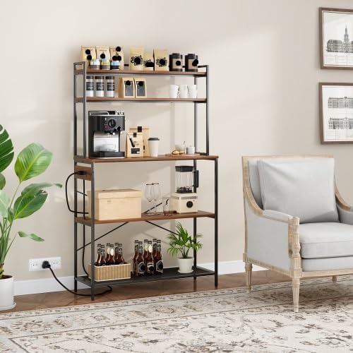 Multi-Functional 5-Tier Bakers Rack with Electrical Outlets & Microwave Stand, Kitchen Storage Shelf, Coffee Bar Station, Counter Space Organizer Kitchen Organizer Shelf for Dorm (Walnut)