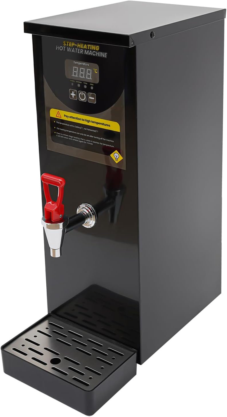 Commercial Hot Water Dispenser, 8L/2.11Gal Electric Water Boiler with Inlet Pipe & Drip Tray Digital Display Screen Step-Heating Hot Water Maker for Large Homes Caterers Restaurants (Black)