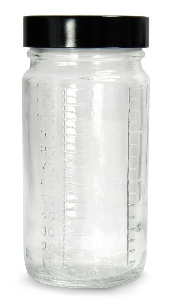Qorpak GLC-01493 Clear Glass Graduated Medium Round Bottle with 38-400 Black Phenolic Pulp/Vinyl Lined Cap, 42mm OD x 83mm Height, 2oz Capacity (Case of 48)