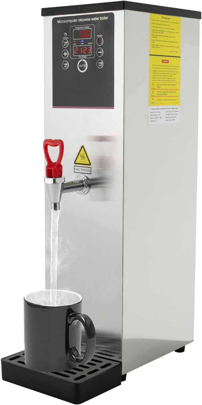15L Silver Electric Water Boiler, 110V Commercial Hot Water Dispenser w/Timer, Stainless Steel Tea Urn Warmer, 1500W Catering Kettle for Office Kitchen, Adjustable Temp Thermo Pot, Spigot Tap