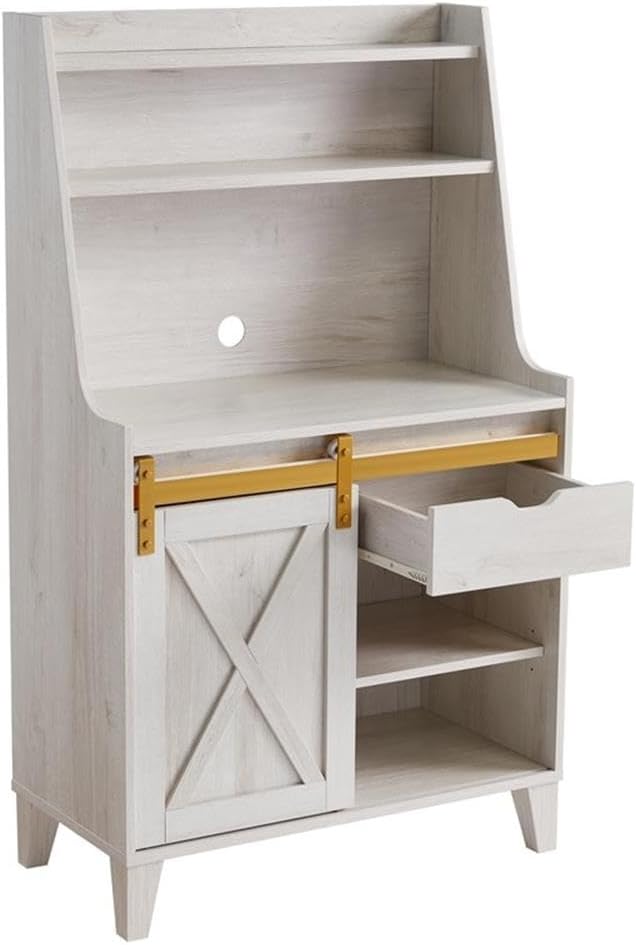 Bowery Hill Modern Farmhouse Wood Baker Rack, Sliding Door, White Oak Finish, MDF and Particle Board, Gold Metal Accent, 31.25'L x 15.5'W x 52.75'H, Versatile Storage for Kitchen or Home Organization