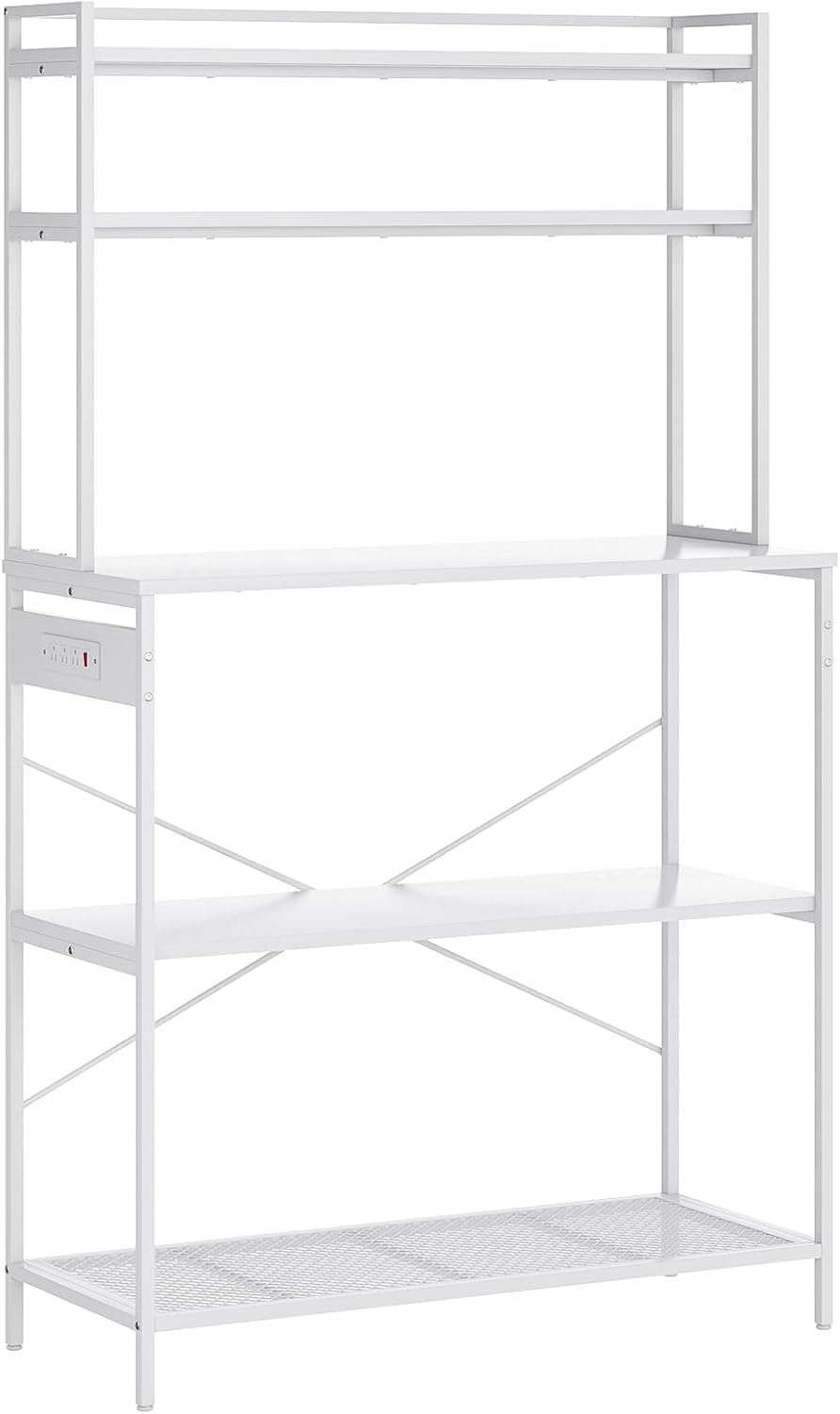 5 Tier Kitchen Appliance Stand with Power Outlet Microwave and Coffee Bar Station White Storage Rack with Shelves Freestanding Organizer for Home Counter Space Organizer Engineered Wood