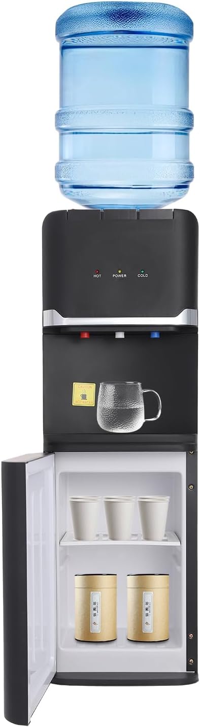 Top Loading Water Cooler Dispenser Freestanding, 5 Gallons Water Coolers with Hot & Cold & Warm Water, Child Lock, Removable Drip Tray & Storage Cabinet, Slim Design, for Home, Office, Commercial
