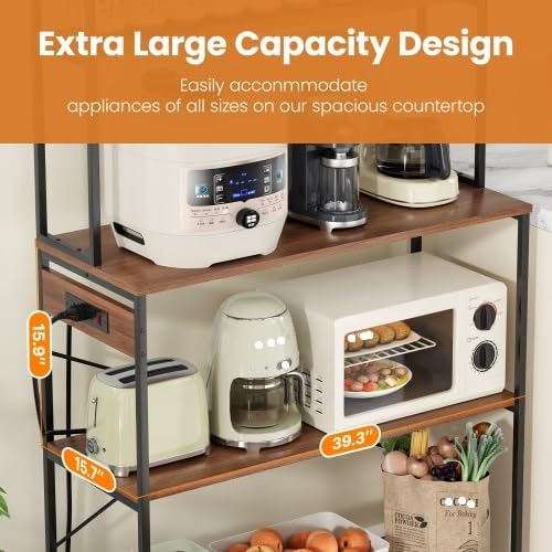 Multi-Functional 5-Tier Bakers Rack with Electrical Outlets & Microwave Stand, Kitchen Storage Shelf, Coffee Bar Station, Counter Space Organizer Kitchen Organizer Shelf for Dorm (Walnut)