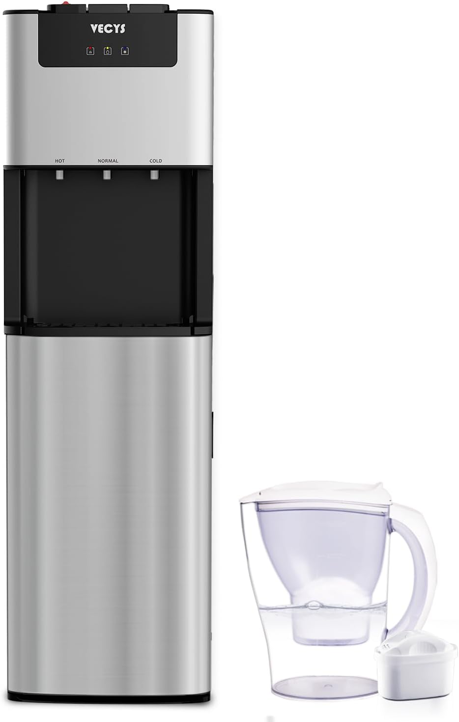VECYS Self-Cleaning Bottom Loading Water Dispenser with Pitcher, 3-5 Gallon Water Cooler, 304 Stainless Steel Reservoirs & Intake Tube, Hot Cold Room Temperature, Child Safety Lock, UL/ETL Certified