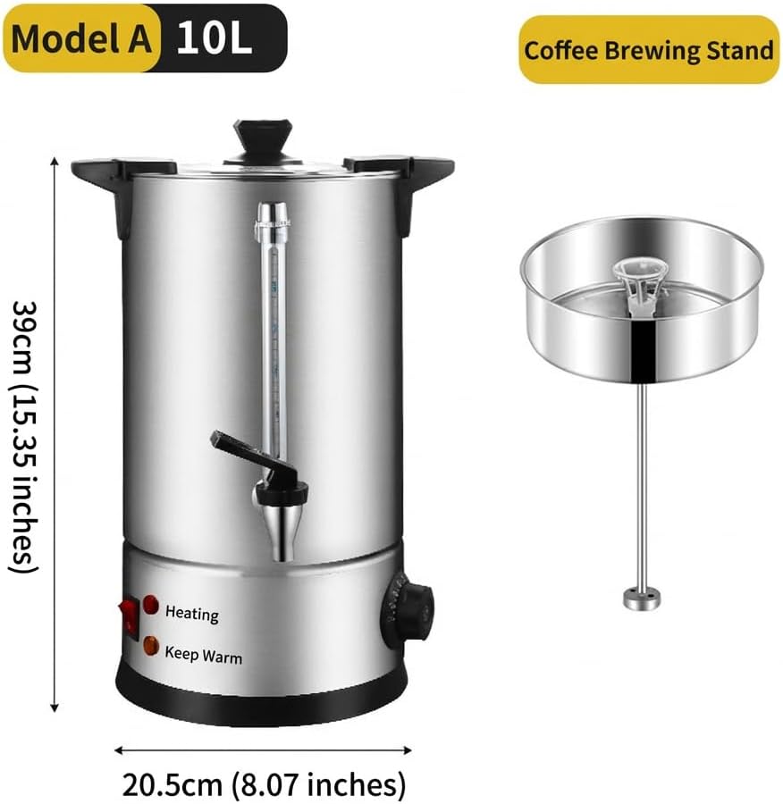 100 Cup Hot Water Urn, 15 L/3.96 gal Commercial Electric Water Boiler and Warmer, Stainless Steel Instant Hot Water Dispenser with Adjustable Temp for Office & Catering,10L/2.64gal,A