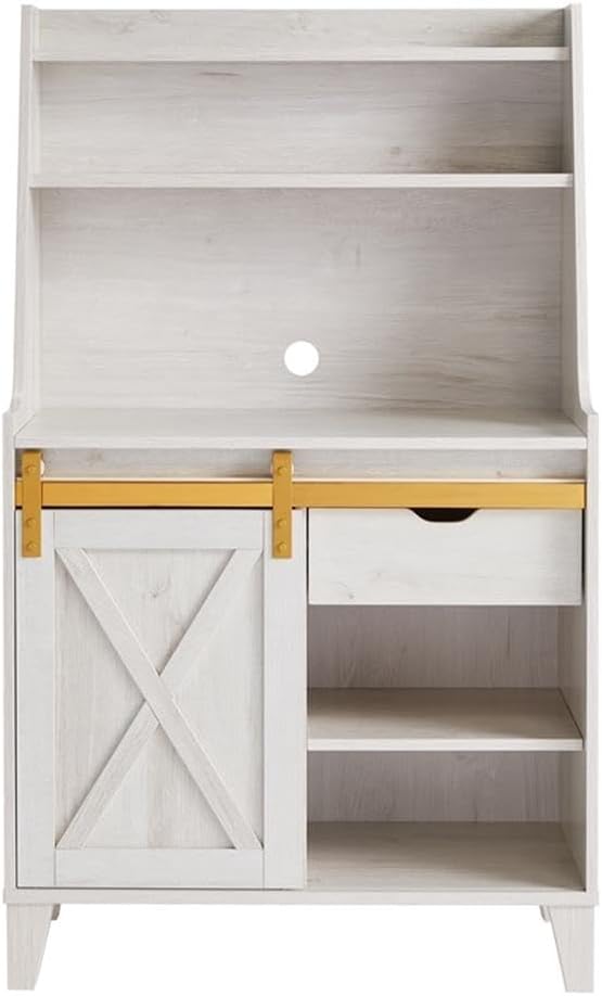 Bowery Hill Modern Farmhouse Wood Baker Rack, Sliding Door, White Oak Finish, MDF and Particle Board, Gold Metal Accent, 31.25'L x 15.5'W x 52.75'H, Versatile Storage for Kitchen or Home Organization
