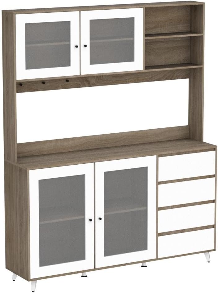 AGOTENI Large Kitchen Hutch Cabinet, Storage Cupboard Pantry with 4 Glass Doors, 4 Drawers & Microwave Shelf, for Kitchen Open Storage, White/Oak (63' W x 15.7' D x 74.8' H)