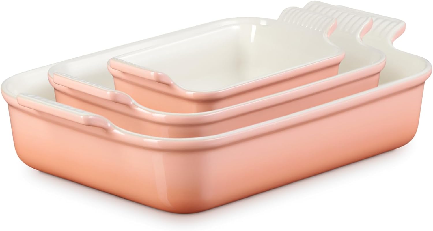 Le Creuset Stoneware Heritage 3-Piece Rectangular Baking Dish Set, Peche
