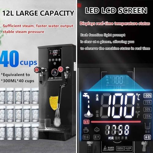 12L Commercial Electric Milk Frother 2500W Steam Milk Foam Maker with Led Display, Multi-Purpose Hot Water Dispenser for Espresso, Coffee, Milk Tea - White-Black