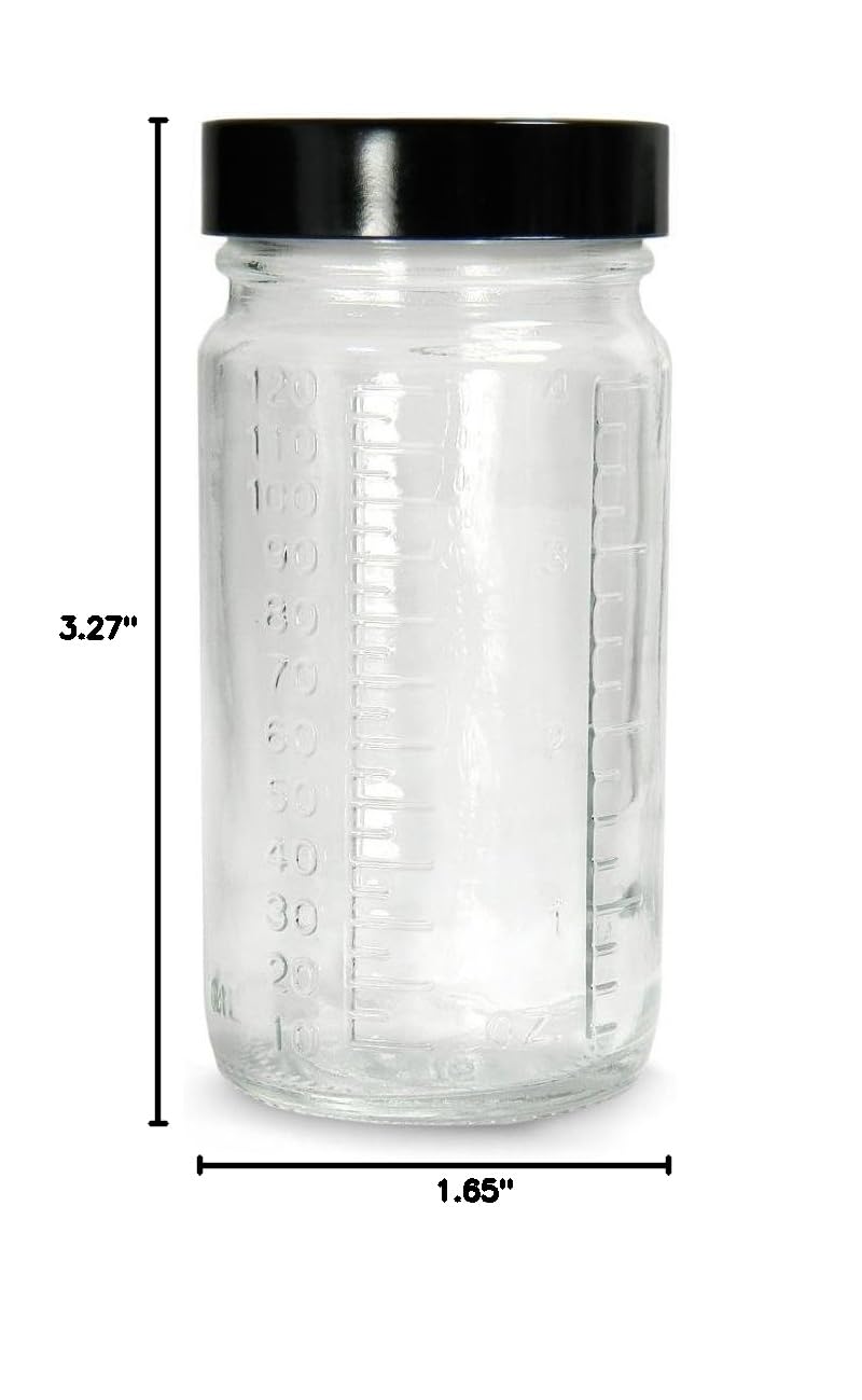 Qorpak GLC-01493 Clear Glass Graduated Medium Round Bottle with 38-400 Black Phenolic Pulp/Vinyl Lined Cap, 42mm OD x 83mm Height, 2oz Capacity (Case of 48)