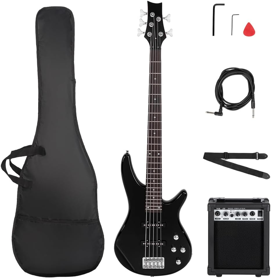 Ktaxon Electric Bass Guitar 5 String Bass Guitar with 20 Watt Amplifier, JB Type Pickup, Naturally air-dried Maple Neck, Rosewood Fretboard, Basswood Body(Black)