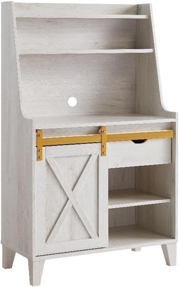 Bowery Hill Modern Farmhouse Wood Baker Rack, Sliding Door, White Oak Finish, MDF and Particle Board, Gold Metal Accent, 31.25'L x 15.5'W x 52.75'H, Versatile Storage for Kitchen or Home Organization
