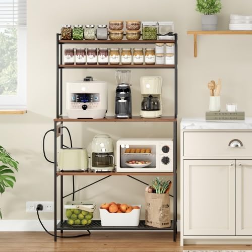 Multi-Functional 5-Tier Bakers Rack with Electrical Outlets & Microwave Stand, Kitchen Storage Shelf, Coffee Bar Station, Counter Space Organizer Kitchen Organizer Shelf for Dorm (Walnut)