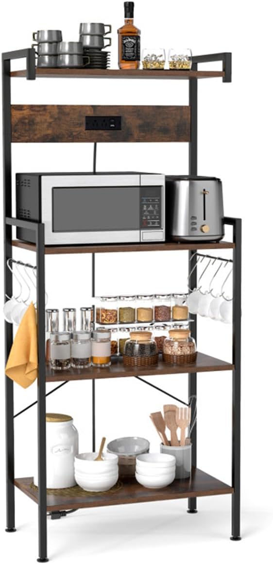 JHshop Bakers Rack with Power Outlet, Coffee Bar, Microwave Stand, Kitchen Storage Shelf for Spice, Pots and Pans Organizer, 23' × 13' × 54' (L x W x H)