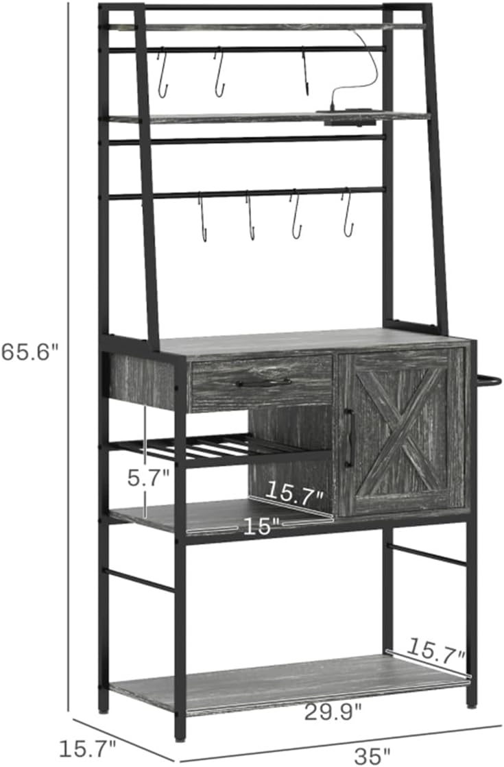 Baker Rack with Outlet and RGB Lights, 65.6' Tall Kitchen Storage Shelf, Metal Coffee Bar Station with Wine Rack, Drawer and Cabinet, Industrial Kitchen Shelves for Coffee, Microwave