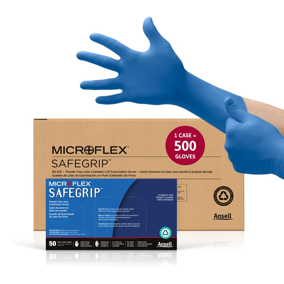 Ansell Microflex SafeGrip SG-375 Extra Thick Disposable Latex Gloves for Life Sciences, Automotive w/Textured Fingertips - XL Blue (Case of 500)