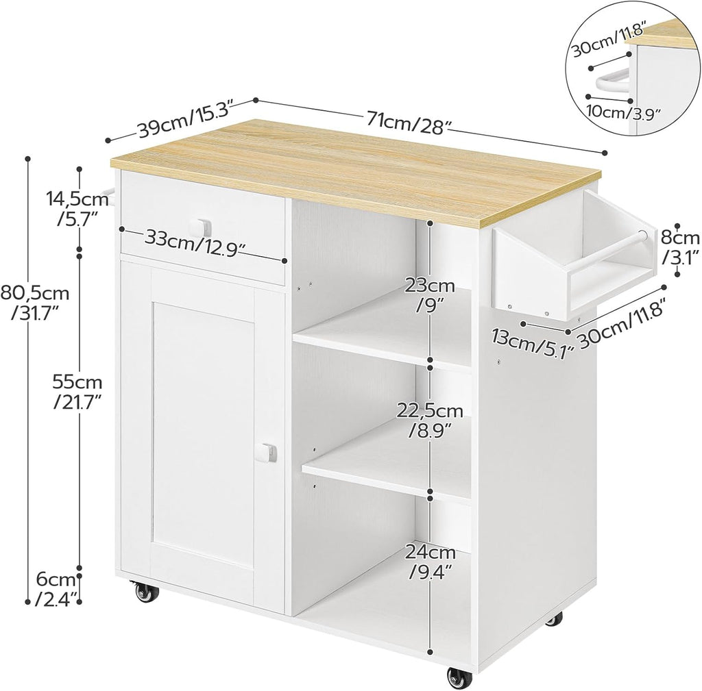 HOOBRO Kitchen Island, Storage Cabinet with Drawer, Kitchen Cart with Spice and Towel Rack, Saving Space, Easy Assembly, for Living Room, White and Natural WN12ZD01