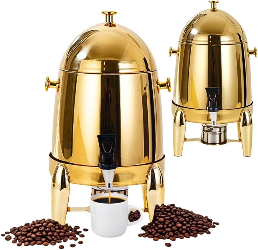 Coffee Urn With Fuel Holder, 3.17 Gallon/12L Stainless Steel Beverage Dispensers for Coffee Tea Hot Water, Hot Drink Dispenser with gold Stand, drink cooler for parties for events (Polised Gold)