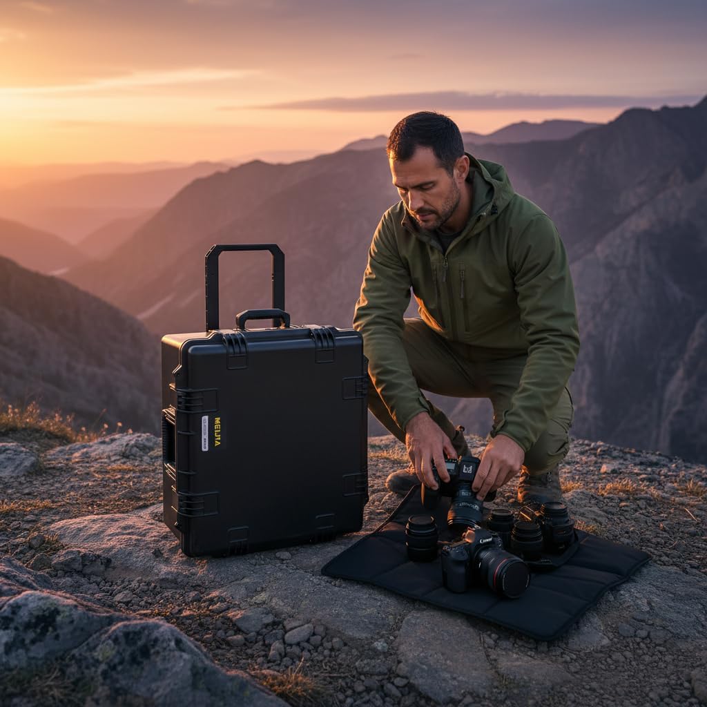 MEIJIA Portable All Weather Waterproof Hard Case, Camera Case with Customizable Fit Foam And Rolling Wheels, 24.8'X23.7'X13.17',Elegant Black