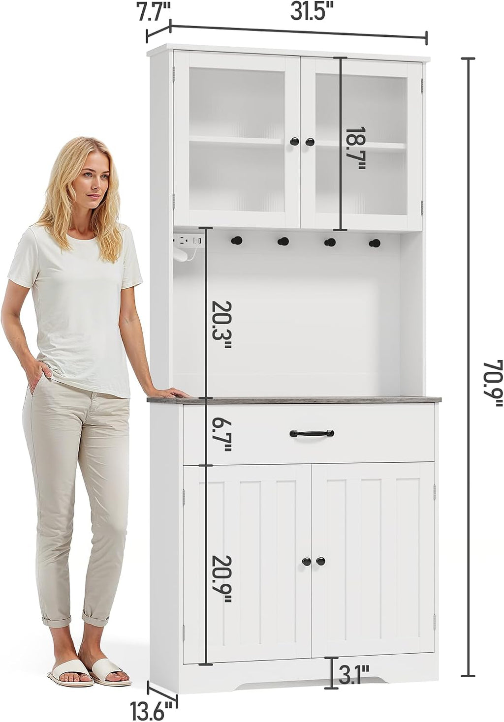 Gizoon 71' H Pantry Cabinet with LED Lights, Tall Farmhouse Kitchen Storage Cabinet with Charging Station, Modern Coffee Bar with Doors and Drawers, for Dining Room, Tabletop-Grey