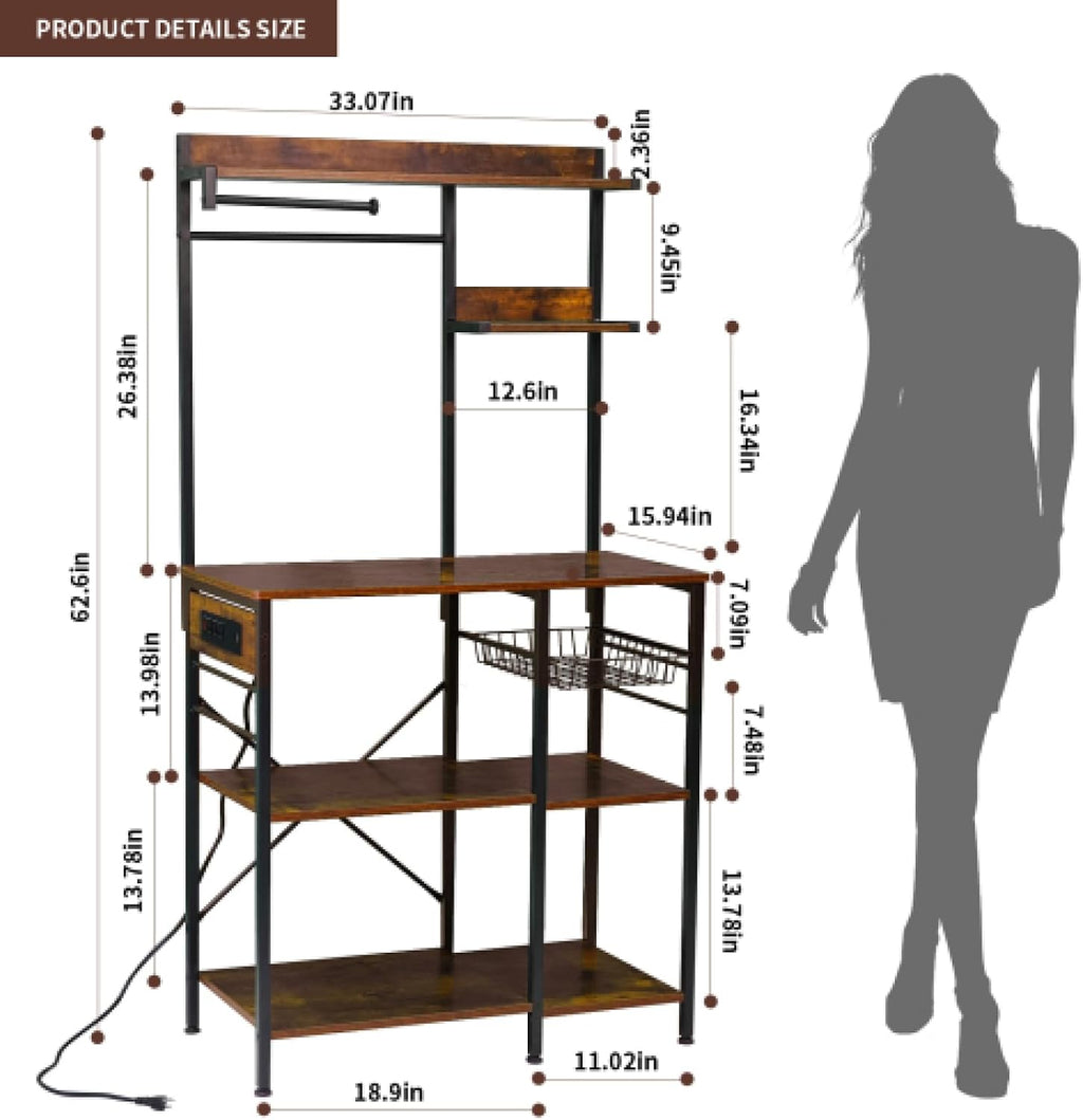 Kitchen Bakers Rack with Power Outlet Microwave Stand Freestanding Coffee Bar with Wire Basket Metal Bakers Rack for Spices Pots