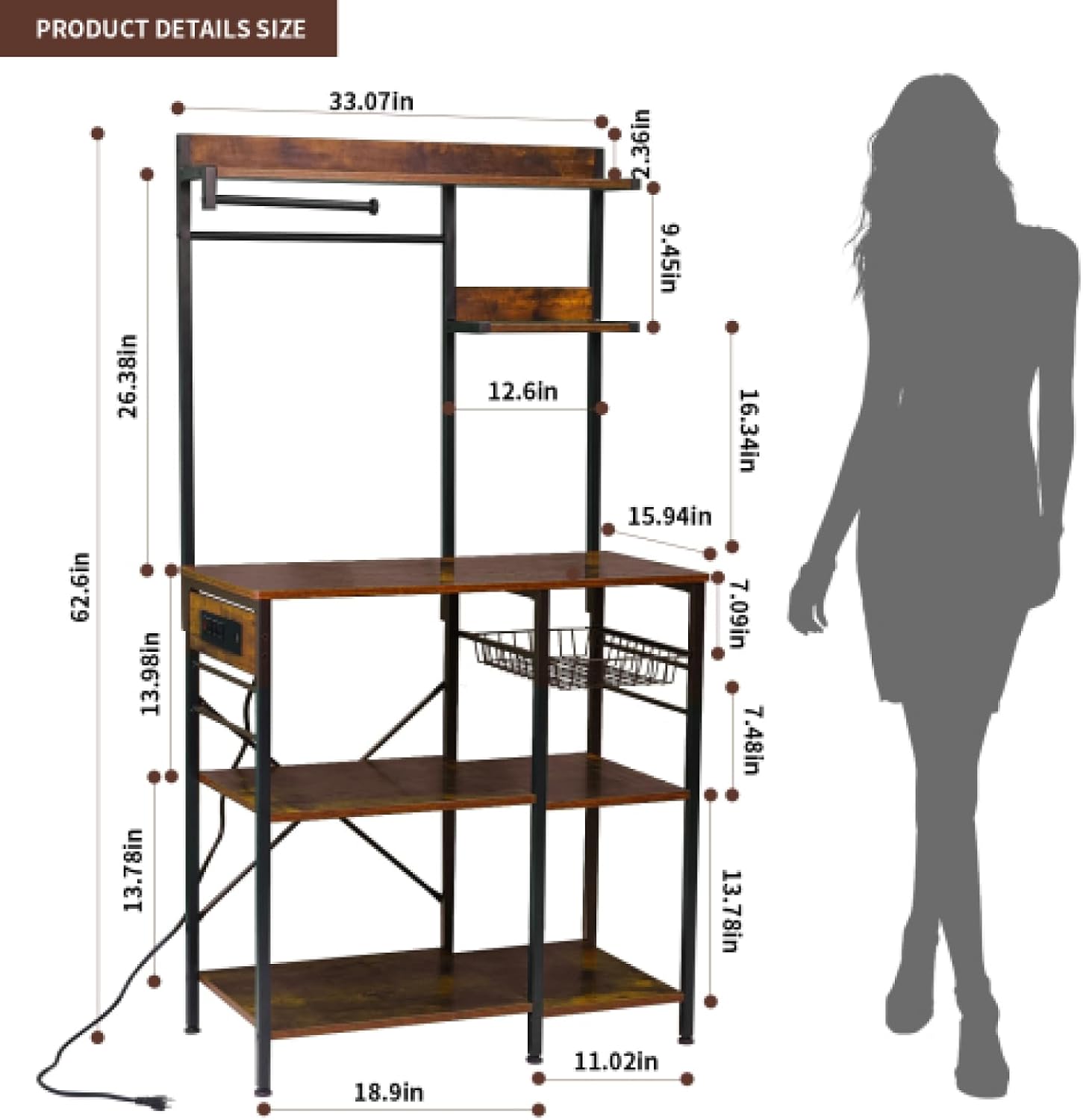 Kitchen Bakers Rack with Power Outlet Microwave Stand Freestanding Coffee Bar with Wire Basket Metal Bakers Rack for Spices Pots