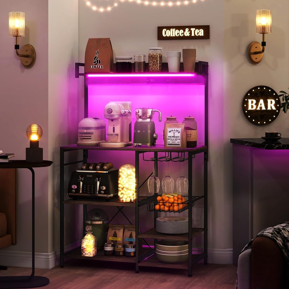 Baker's Rack with Power Outlet and LED Lights, Bakers Racks for Kitchens with Storage, Industrial Microwave Stand with Glass Holders, Metal Basket, Multiple Shelves, Rustic Brown