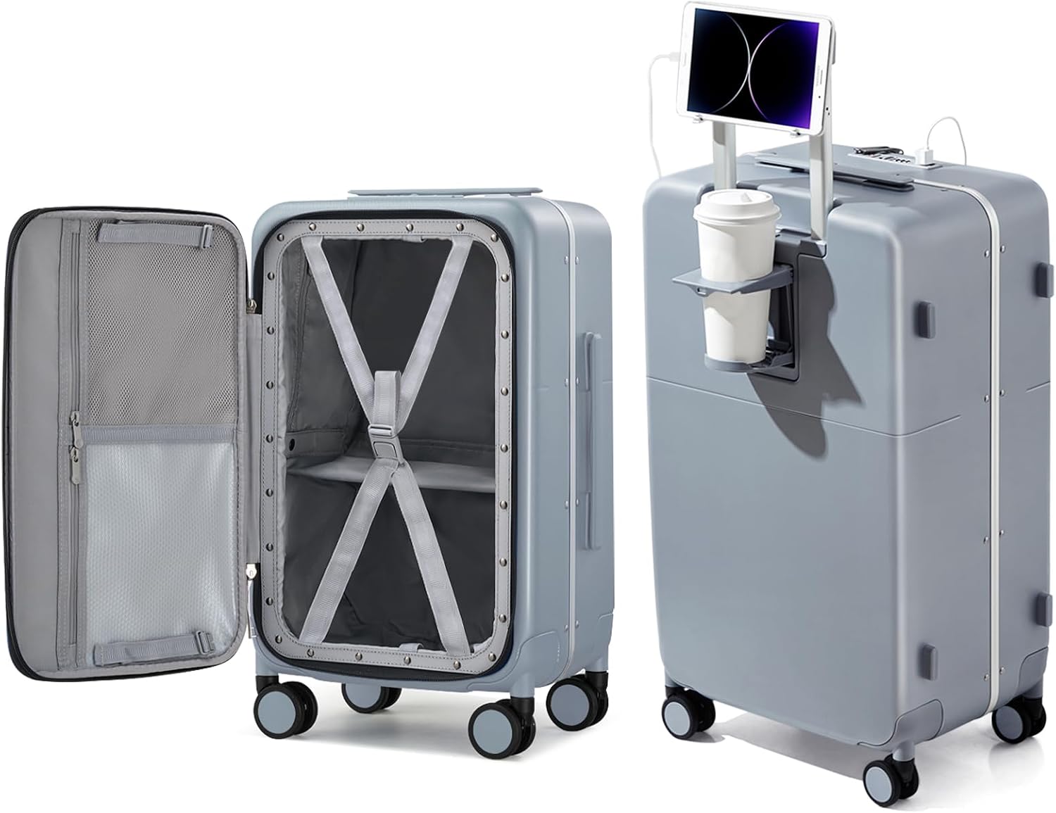 Hanke 24 Inch Checked Luggage with Cup Holder and USB Ports,Top Opening Hard Shell Suitcase with Wheels,Aluminum Frame Trunk Luggage with Foldable Dividers & TSA Lock for Travel, Gray
