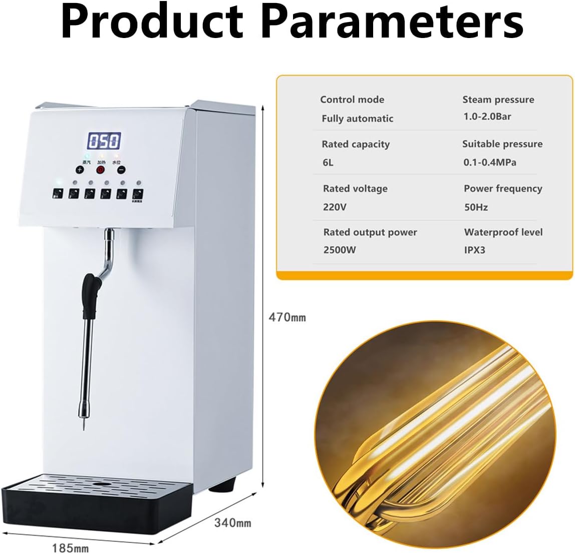 Automatic Milk Frother and Steamer, 2500W Electric Milk Frother and Steamer, Steam Boiling Hot Water Dispenser, 5-Temp Presets, Single 360° Steam Wands, 6l Stainless Steel Tank, LED Display