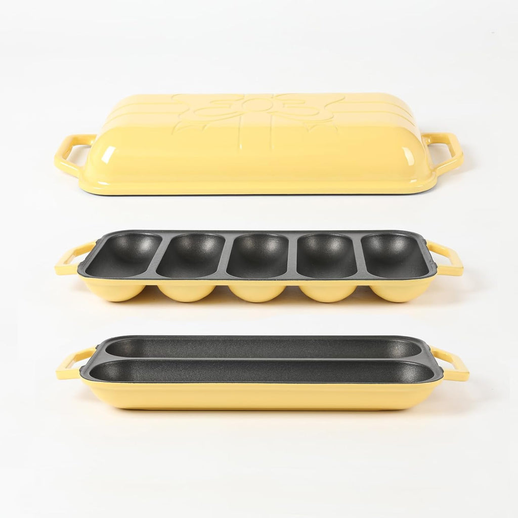 HAWOK Enameled Cast lron Baguette Bread Baker, 3-in-1 Baking Set with Full Baguette Tray, 5-Slot Mini Roll Tray & Reversible Lid Pan, 15 x 6.7 inch, Yellow