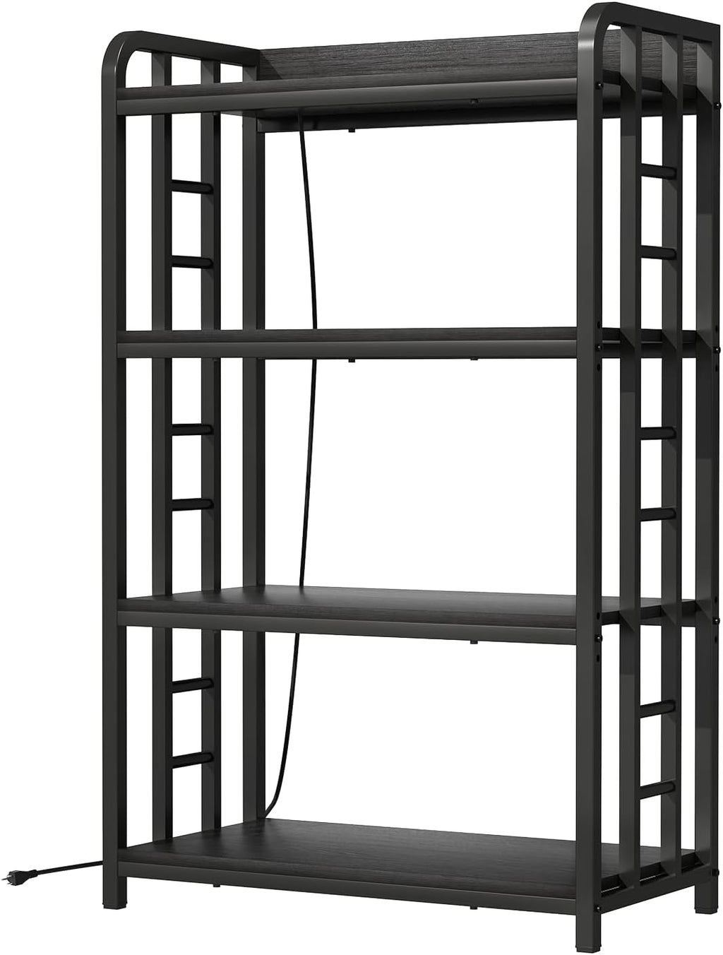 Adjustable Bakers Rack with Power Outlet, 4 Tier Microwave Oven Stand, Heavy Duty Kitchen Storage Rack for Garage Dining Room, Black