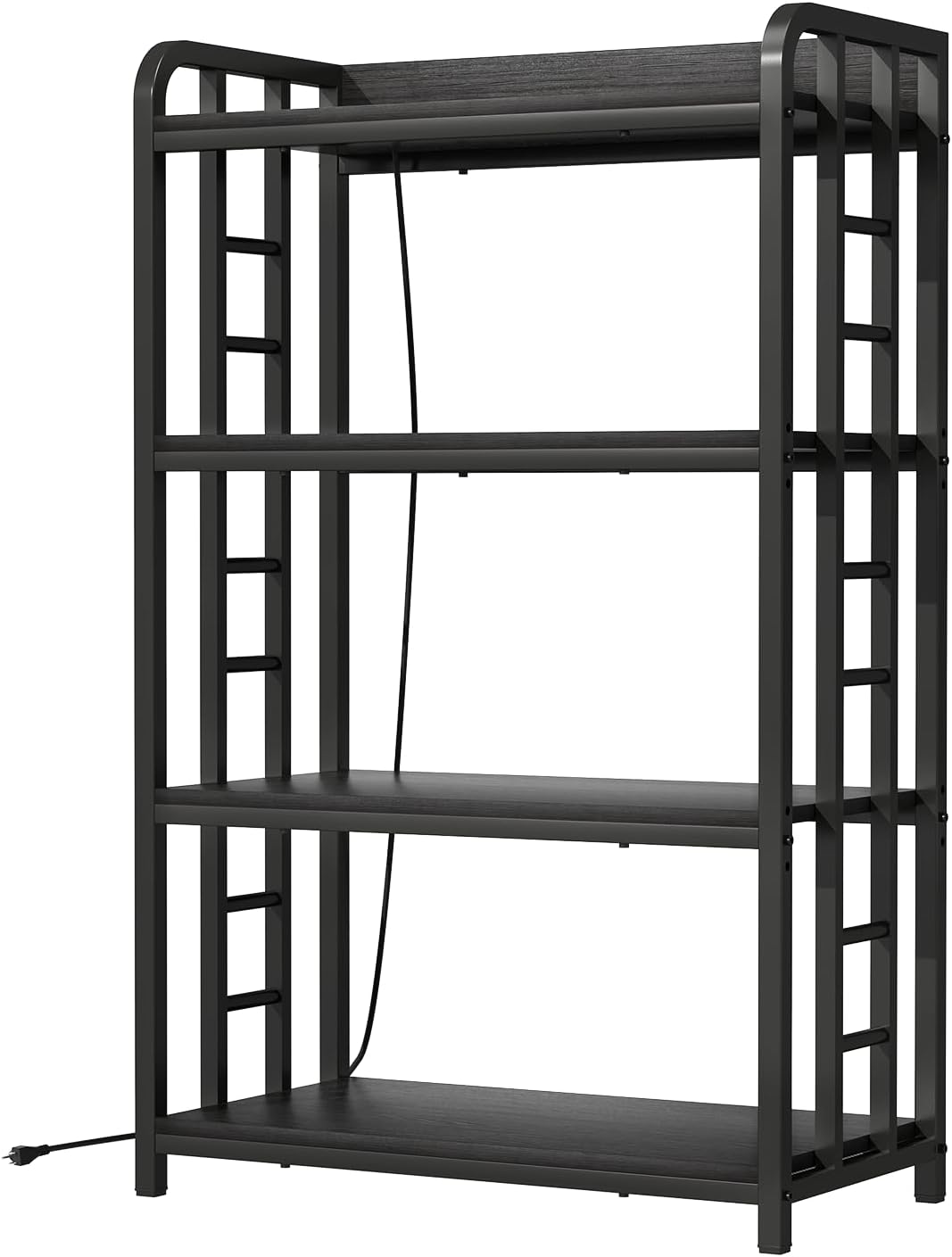 Adjustable Bakers Rack with Power Outlet, 4 Tier Microwave Oven Stand, Heavy Duty Kitchen Storage Rack for Garage Dining Room, Black