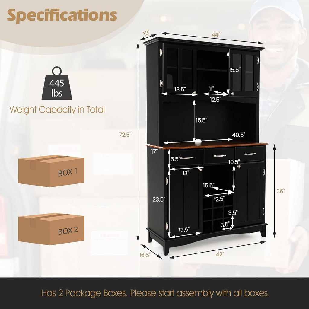 COSTWAY Kitchen Hutch Storage Cabinet, Freestanding Pantry Buffet Sideboard, Modern Buffet Cupboard w/Wine Rack, Adjustable Shelves, Tempered Glass Cabinets, Drawers, Microwave Stand (Black)
