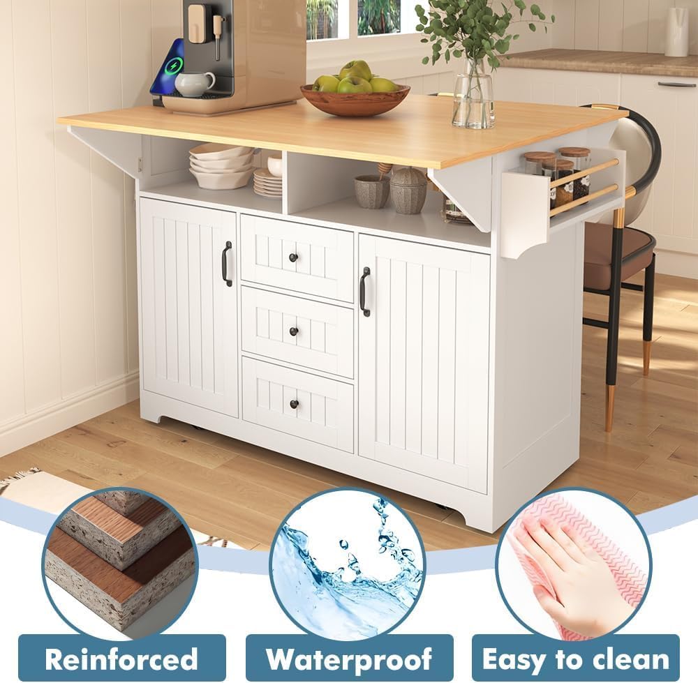 Kitchen Island with 2 Drop Leaf, Home Cart Island on Wheels Foldable Dining Table with Power Outlets,3 Drawers,Storage Cabinet, Tower Rack(White)