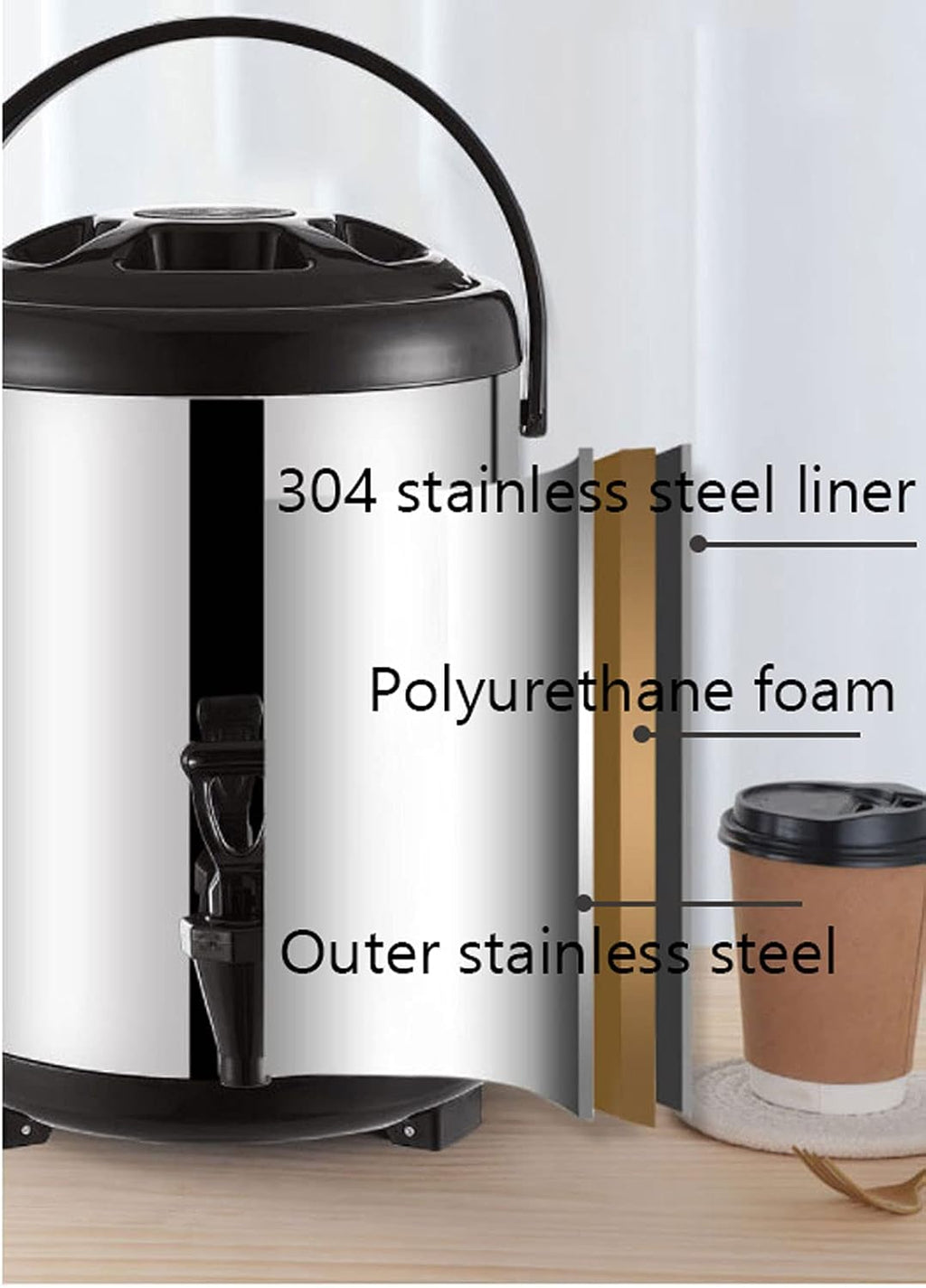 Drink Dispenser Thermal Beverage Dispenser with Tap and Stand, 304 Stainless Steel Urn for Hot Water Coffee Milk Tea, Double Insulation Container Keep The Temperature for 6-8 Hours for Parties