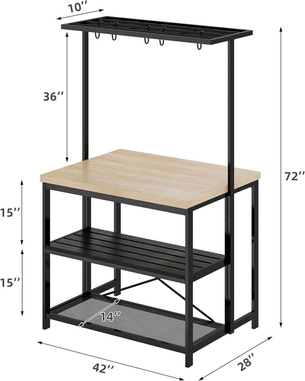 Wood Kitchen Island Table with Power Outlets, Baker's Rack, 3-Tier Shelves, 5 Hooks, Microwave Stand, Multi-Functional Large Coffee Bar for Kitchen, Dining, Living Room