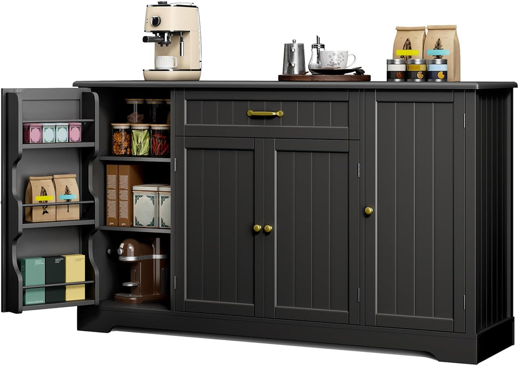 Gizoon 56' Kitchen Coffee Bar Cabinet with Storage Kitchen Sideboard Buffet Cabinet with Drawers, Short Pantry with Door and Shelves for Bathroom and Living Room, Black