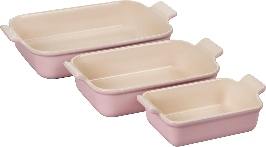 Le Creuset Stoneware Heritage 3-Piece Rectangular Baking Dish Set, Chiffon Pink