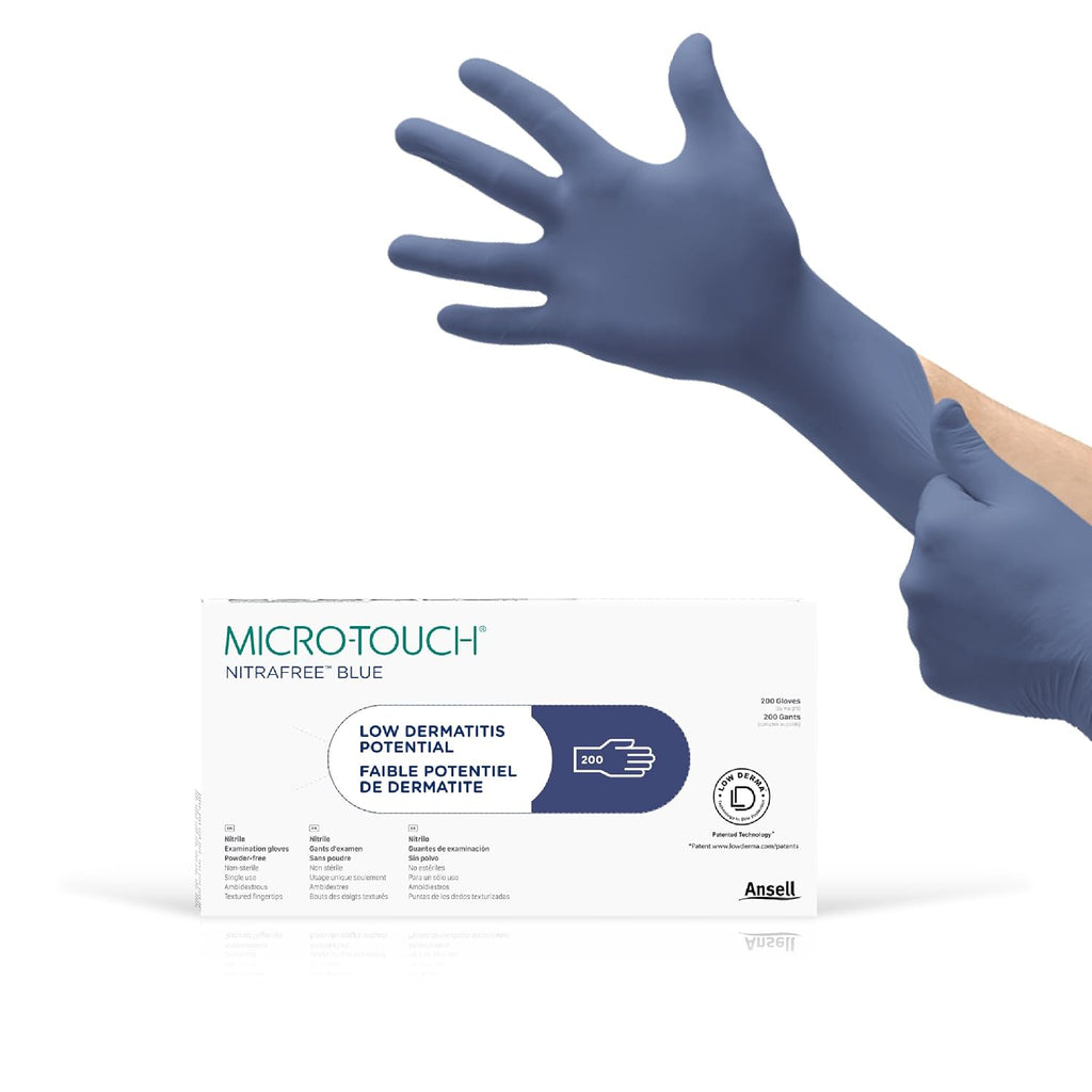 Ansell MICRO-TOUCH NITRAFREE Nitrile Gloves, 3.9mil, Powder-Free With Textured Fingertip - Large, Blue (Case)