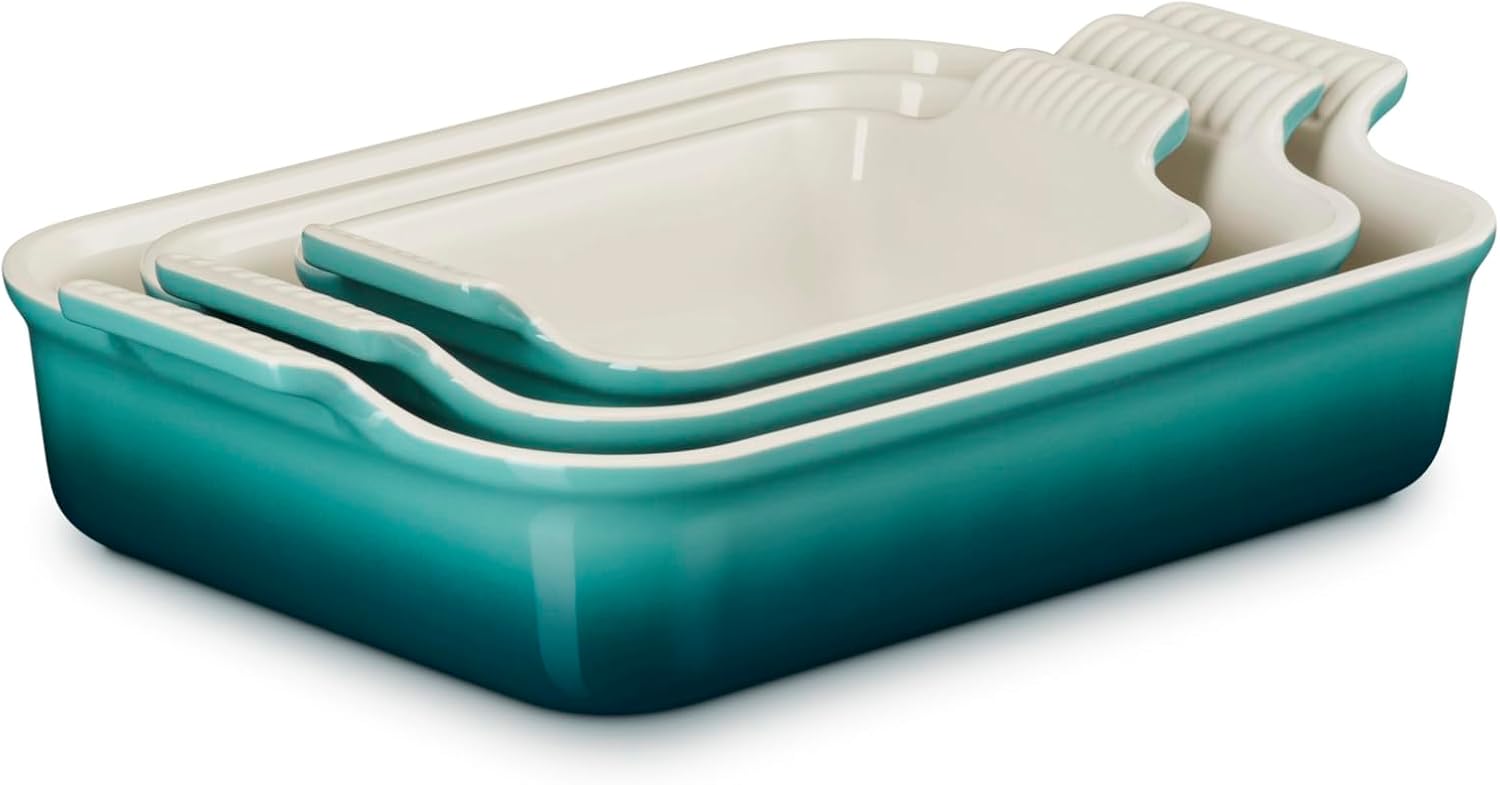 Le Creuset Stoneware Heritage 3-Piece Rectangular Baking Dish Set, Riviera