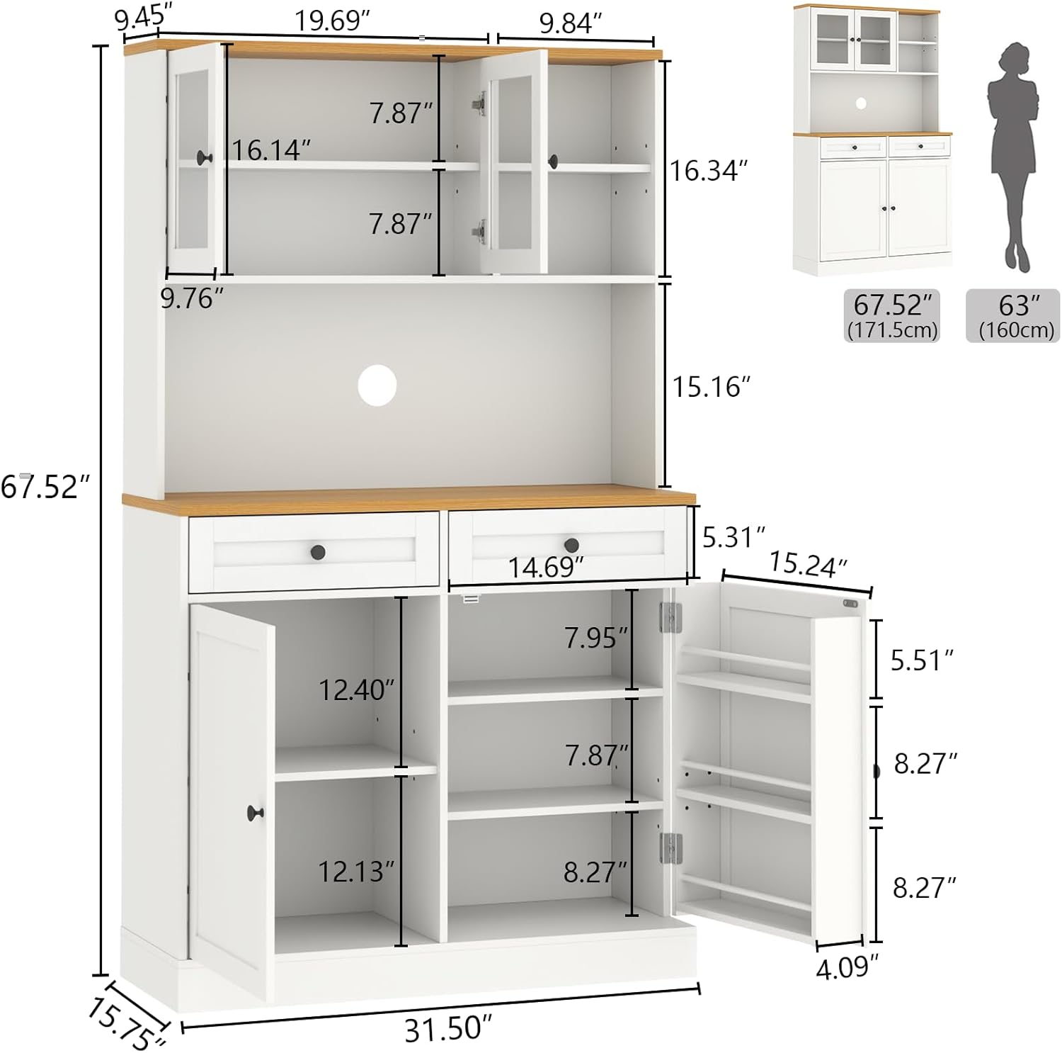 Tall Pantry Cabinet, Modern Kitchen Hutch with Microwave Stand, Kitchen Pantry Storage Cabinet with 2 Darwers & Door Shelf, Food Pantry with Glass Doors & Adjustable Shelves for Dining Room, White
