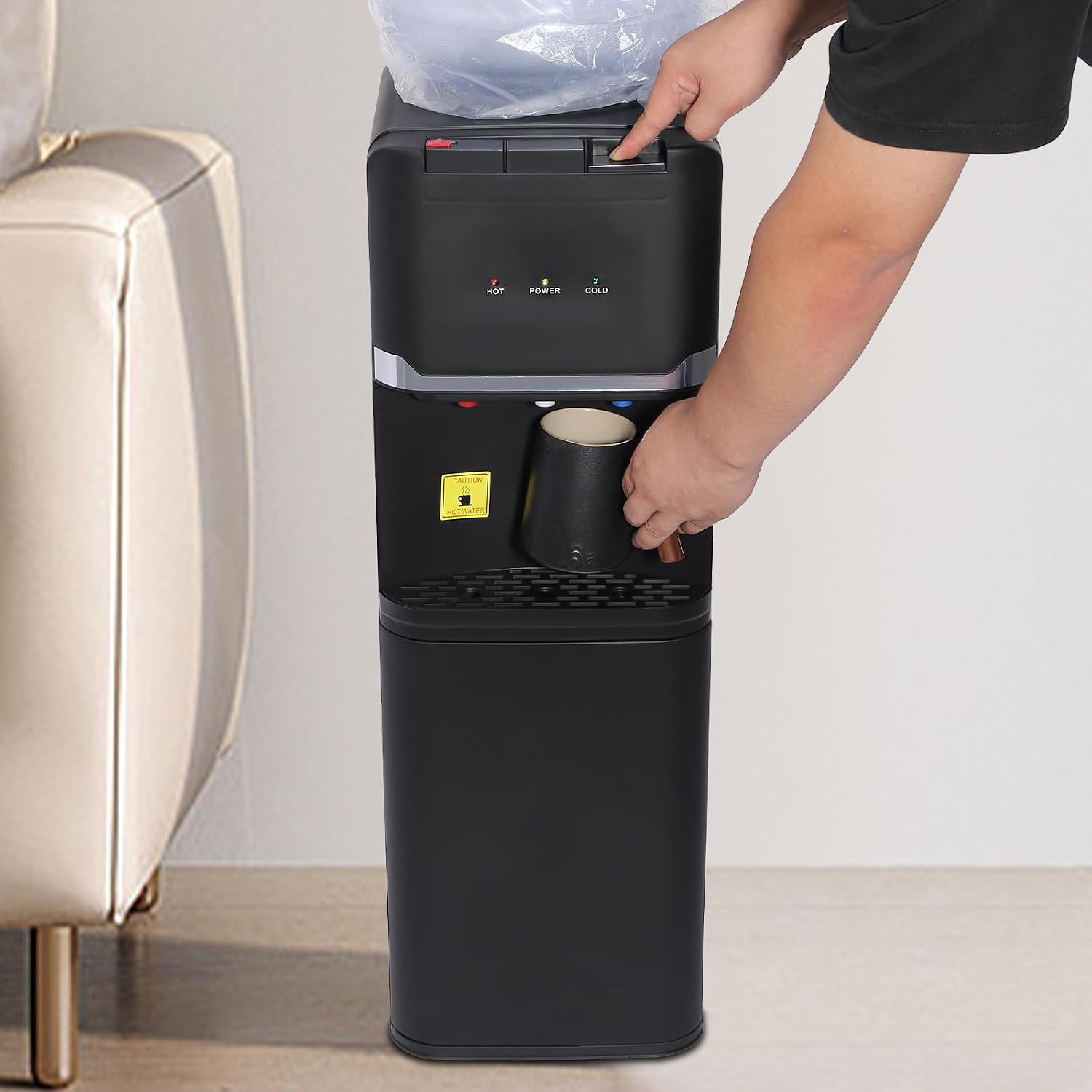 Top Loading Water Cooler Dispenser Freestanding, 5 Gallons Water Coolers with Hot & Cold & Warm Water, Child Lock, Removable Drip Tray & Storage Cabinet, Slim Design, for Home, Office, Commercial